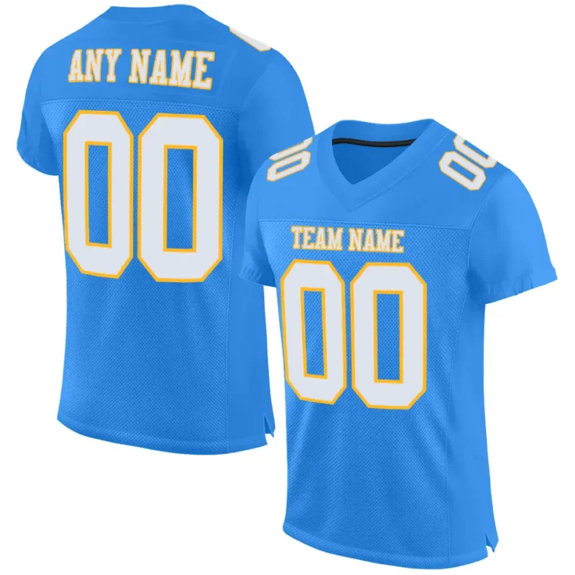 Custom Powder Blue Mesh Football Jersey with White Gold 1