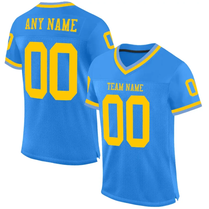 Custom Powder Blue Mesh Throwback Football Jersey with Gold