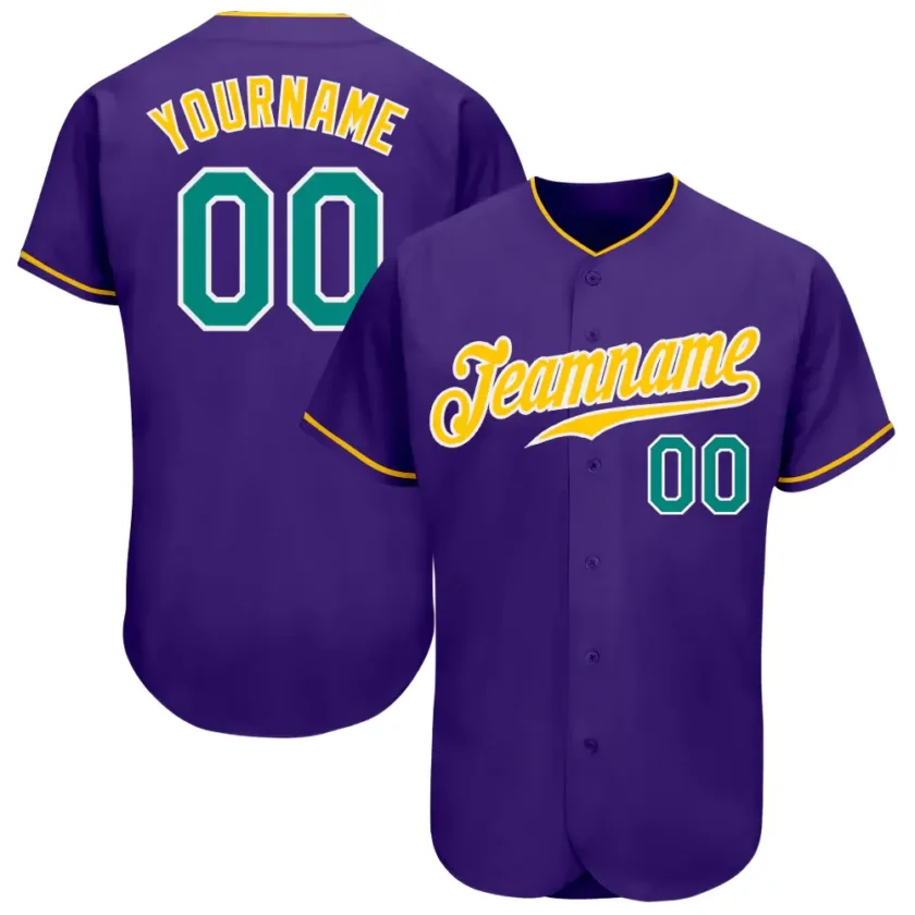 Custom Purple Baseball Jersey with Aqua Gold