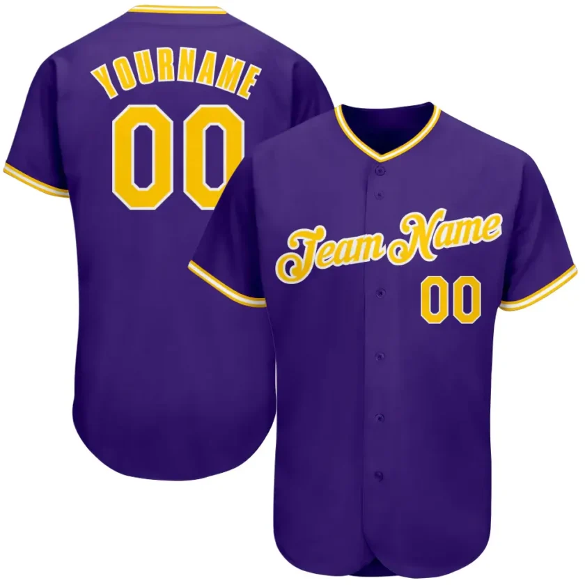 Custom Purple Baseball Jersey with Gold White 3
