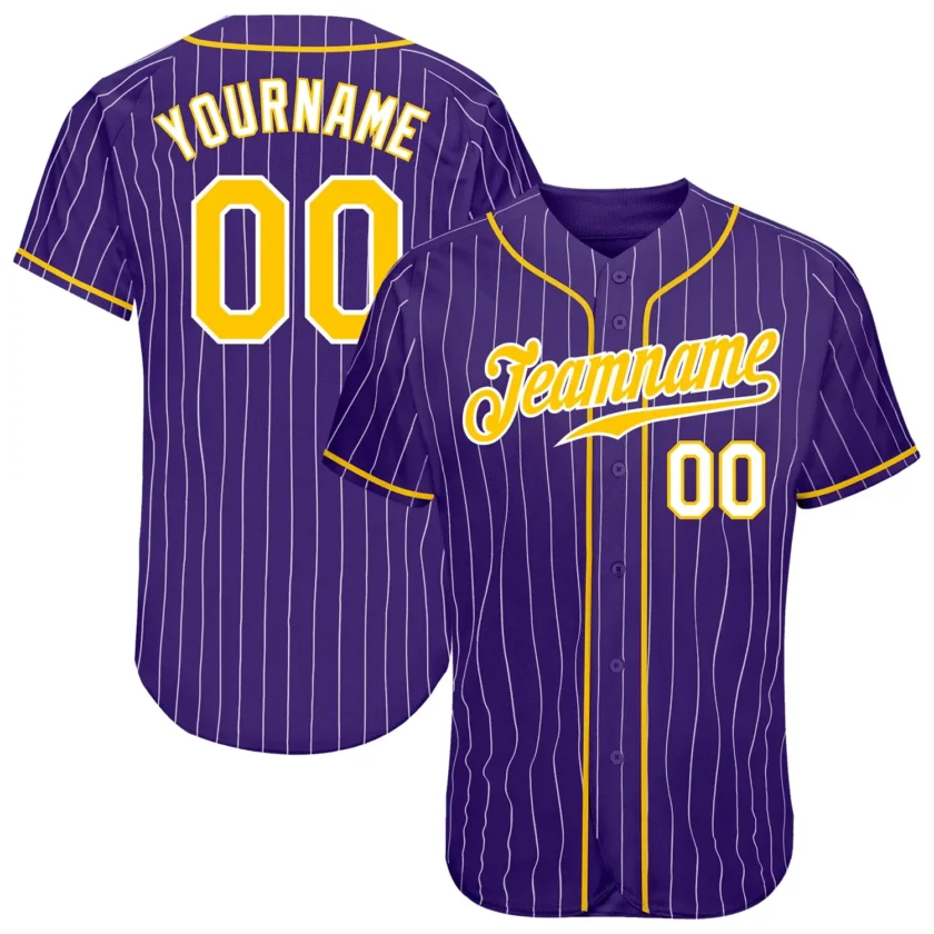 Custom Purple Pinstripe Baseball Jersey with Gold White