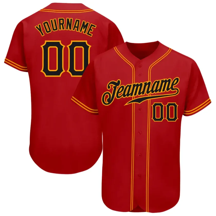Custom Red Baseball Jersey with Black Gold 3