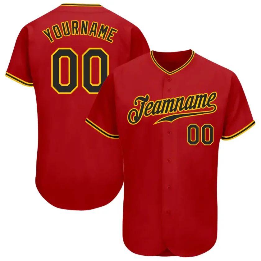 Custom Red Baseball Jersey with Black Gold