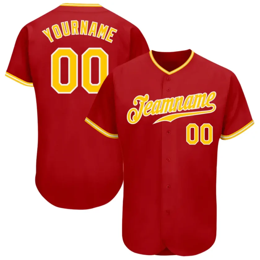 Custom Red Baseball Jersey with Gold White