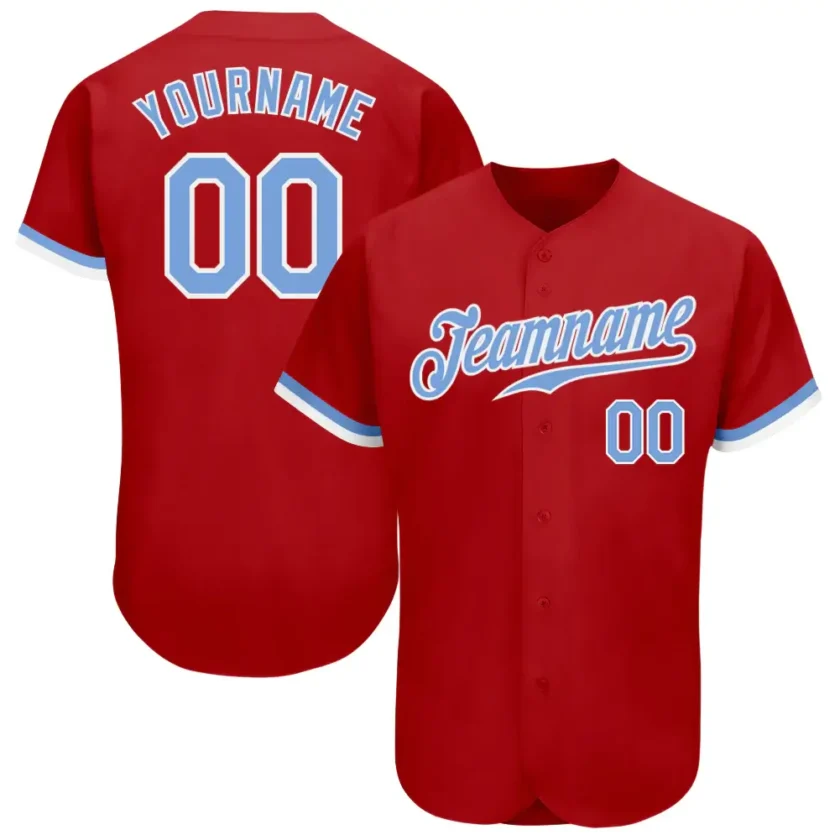 Custom Red Baseball Jersey with Light Blue White