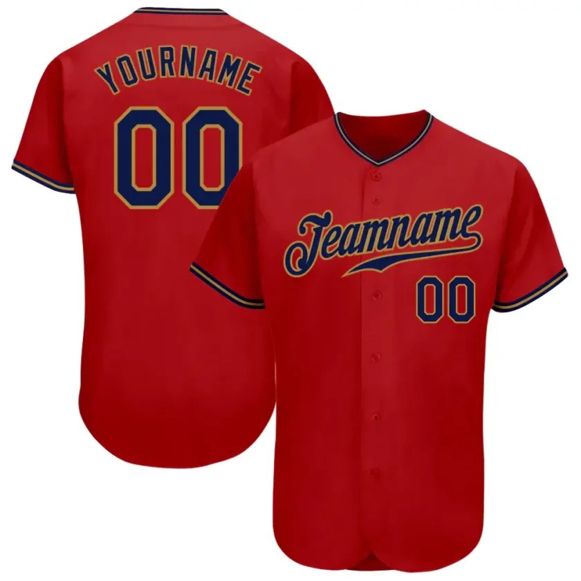 Custom Red Baseball Jersey with Navy Old Gold 4