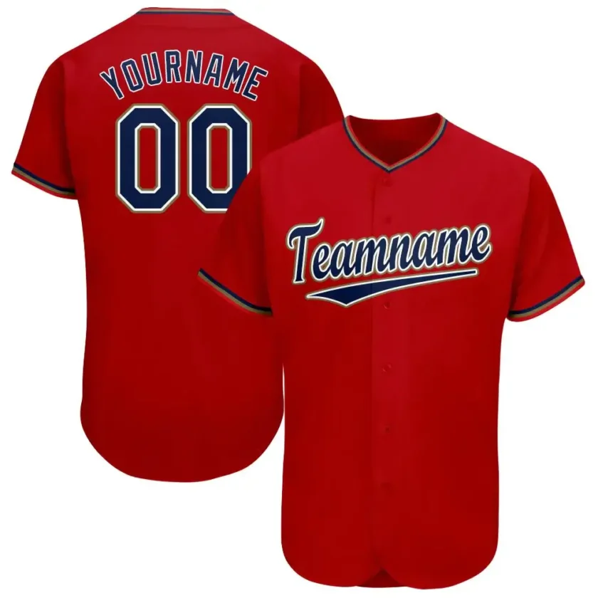 Custom Red Baseball Jersey with Navy Old Gold 5