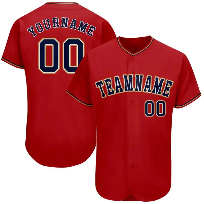 Custom Red Baseball Jersey with Navy Old Gold 6