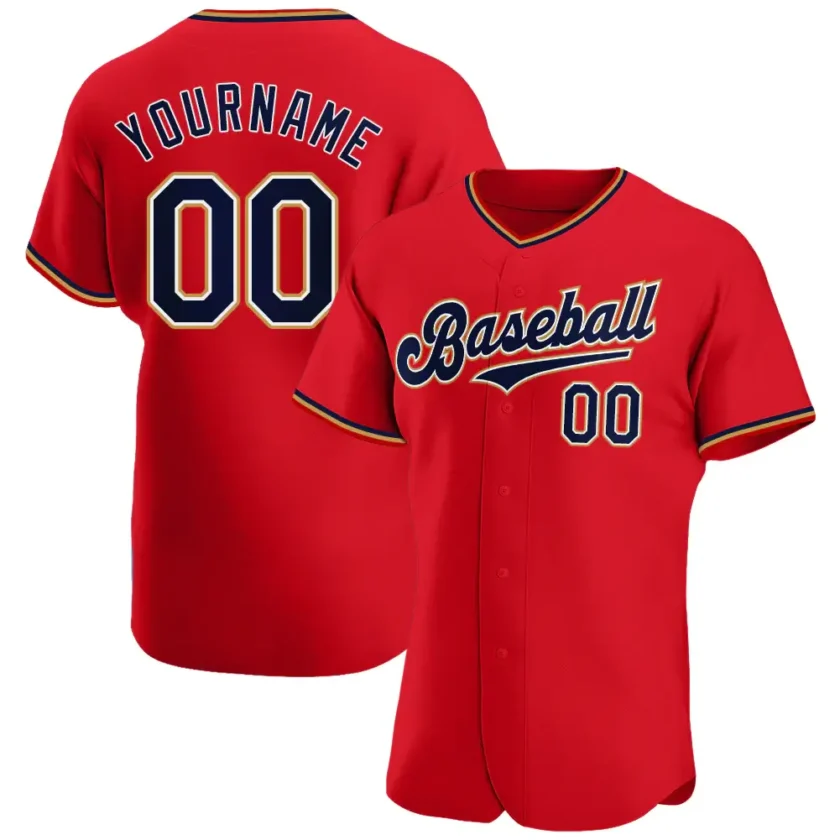 Custom Red Baseball Jersey with Navy Old Gold