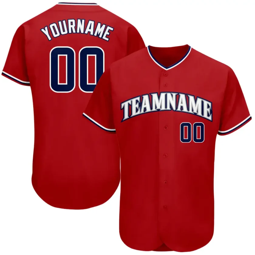 Custom Red Baseball Jersey with Navy White 10