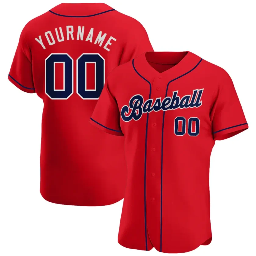 Custom Red Baseball Jersey with Navy White 11