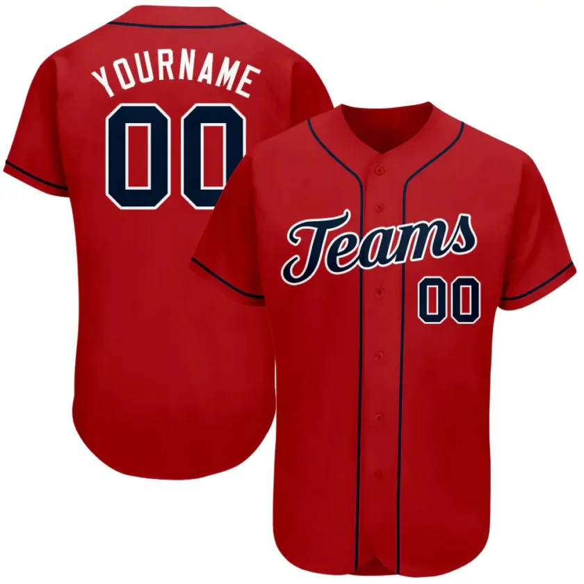 Custom Red Baseball Jersey with Navy White 13