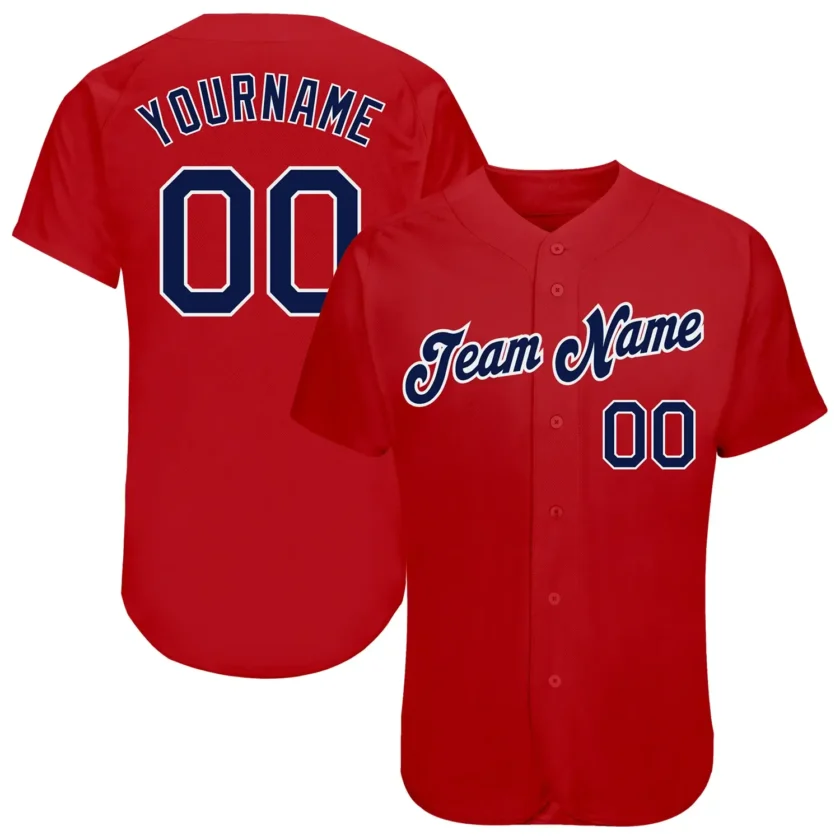 Custom Red Baseball Jersey with Navy White 6