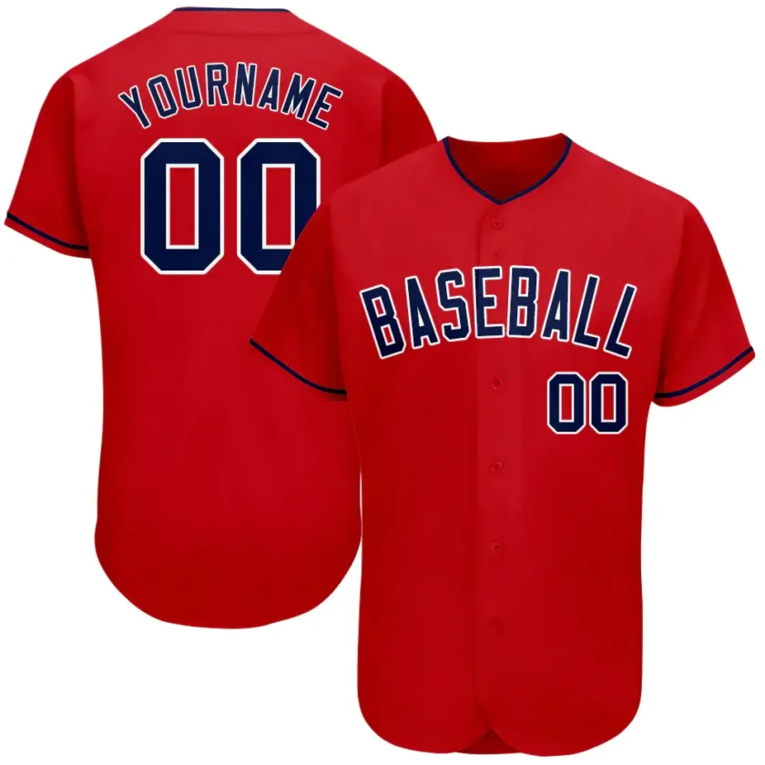 Custom Red Baseball Jersey with Navy White 7
