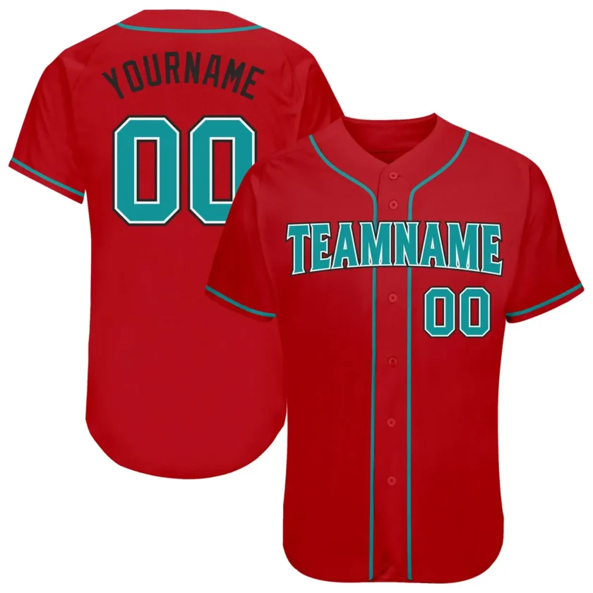 Custom Red Baseball Jersey with Teal Black