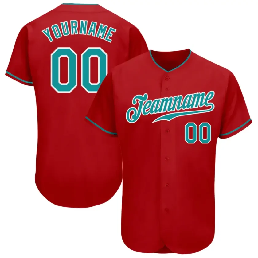 Custom Red Baseball Jersey with Teal White