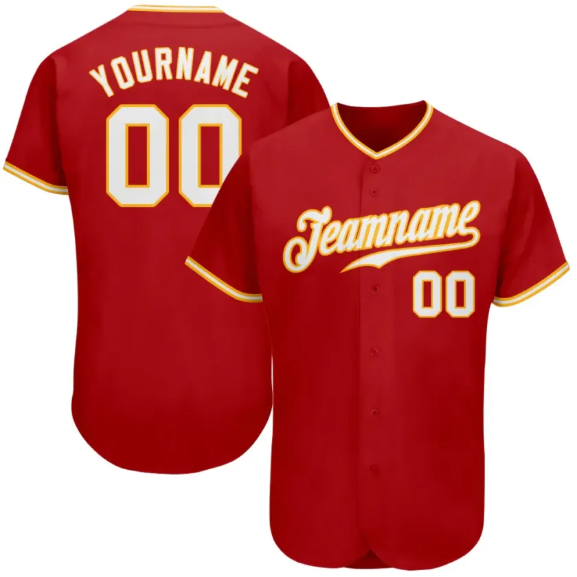 Custom Red Baseball Jersey with White Gold