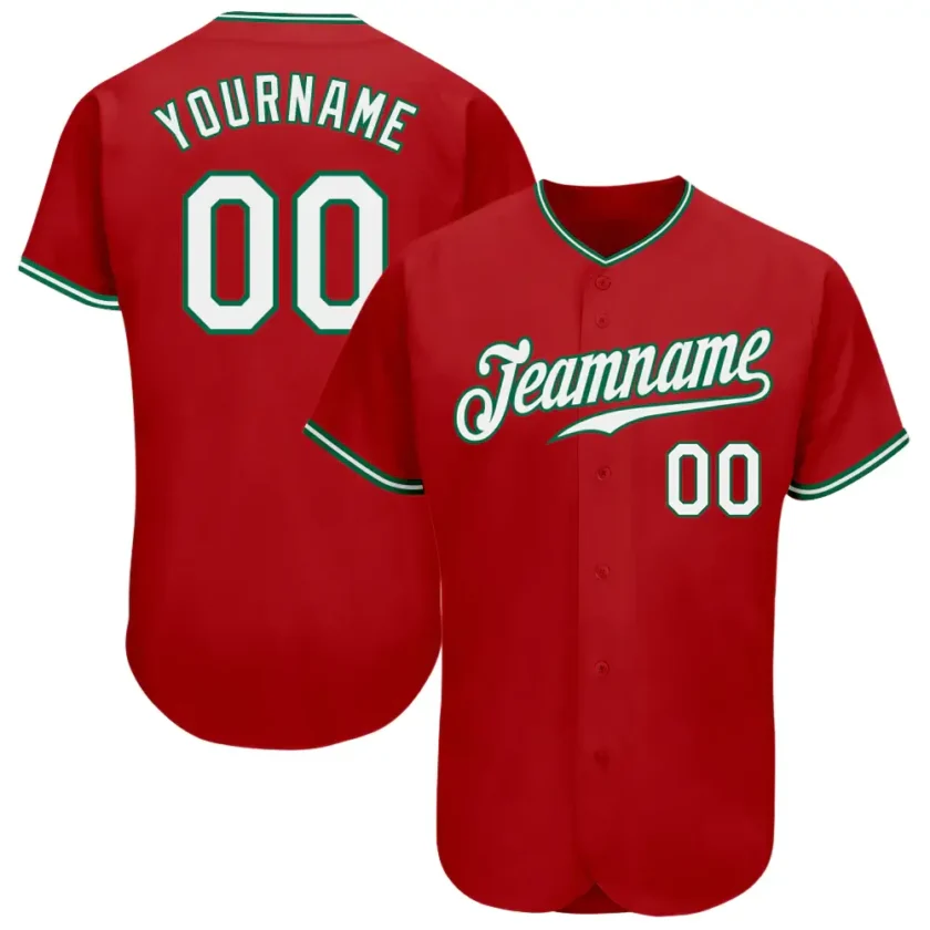 Custom Red Baseball Jersey with White Kelly Green