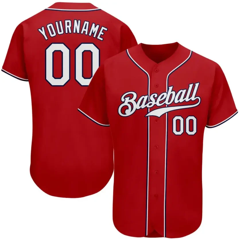 Custom Red Baseball Jersey with White Navy 3