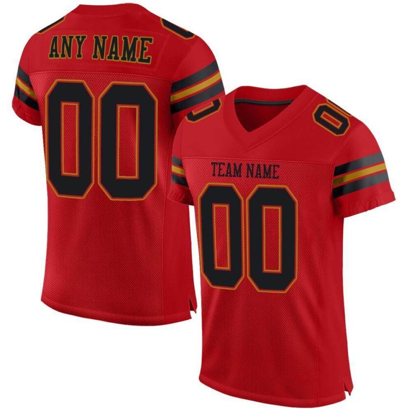 Custom Red Mesh Football Jersey with Black Old Gold