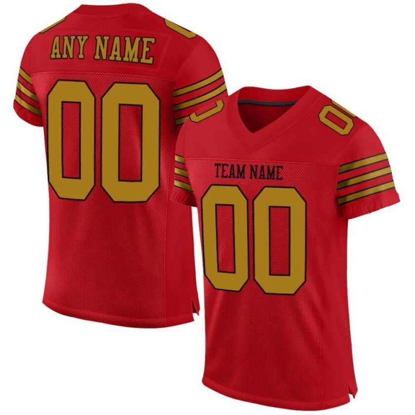 Custom Red Mesh Football Jersey with Old Gold 1