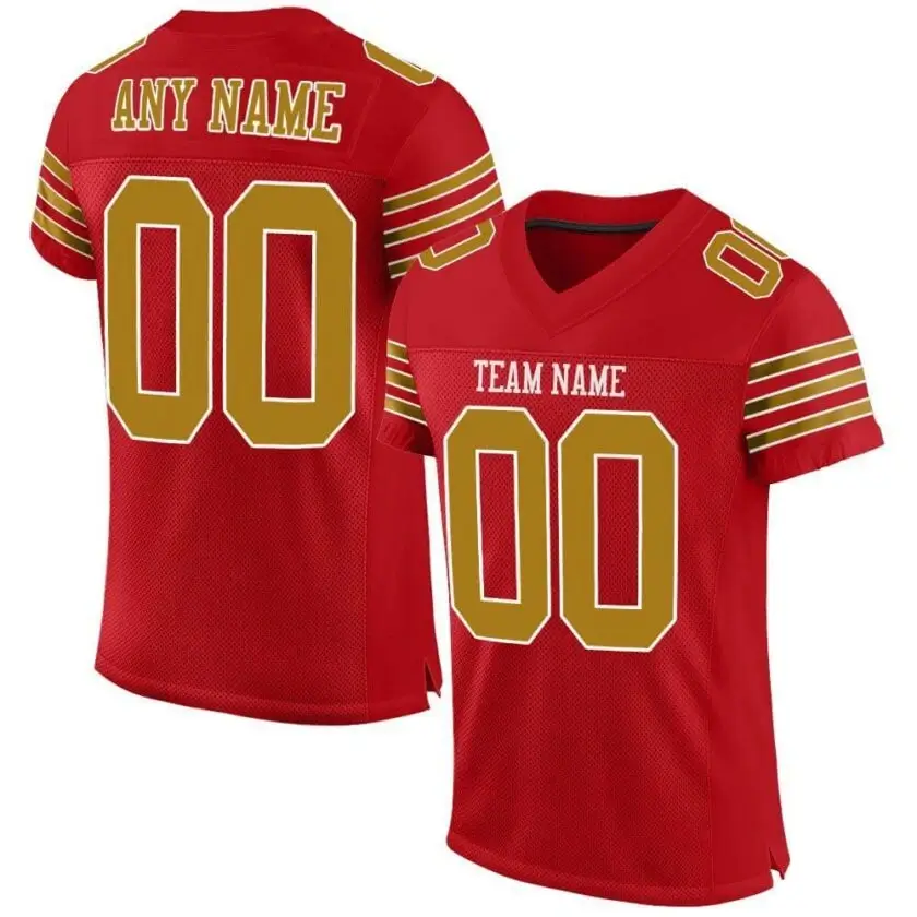 Custom Red Mesh Football Jersey with Old Gold