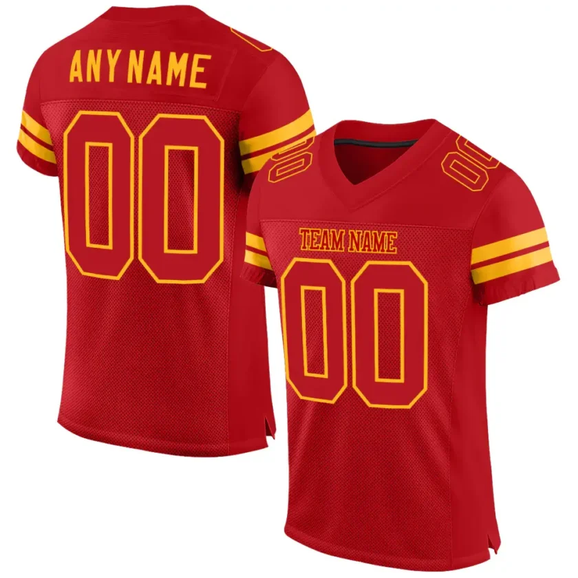 Custom Red Mesh Football Jersey with Red Gold