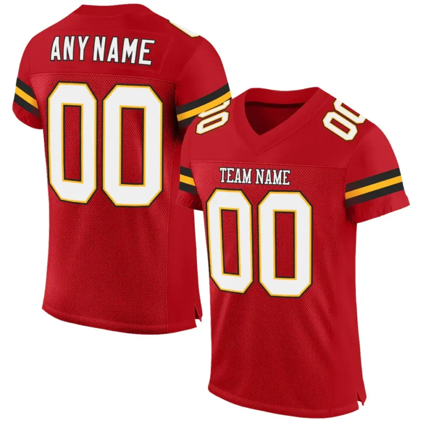 Custom Red Mesh Football Jersey with White Gold
