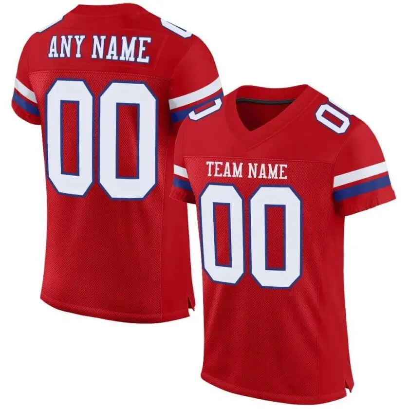 Custom Red Mesh Football Jersey with White-Royal
