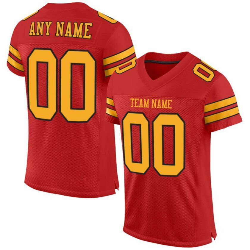 Custom Scarlet Mesh Football Jersey with Gold