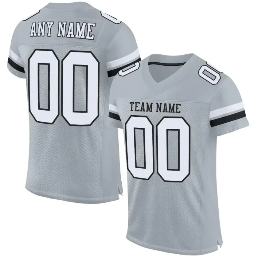 Custom Silver Mesh Football Jersey with White Black