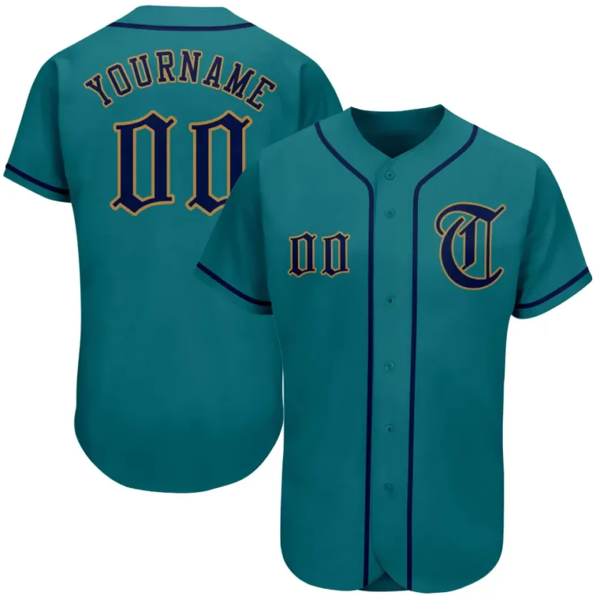 Custom Teal Baseball Jersey with Navy Old Gold 3