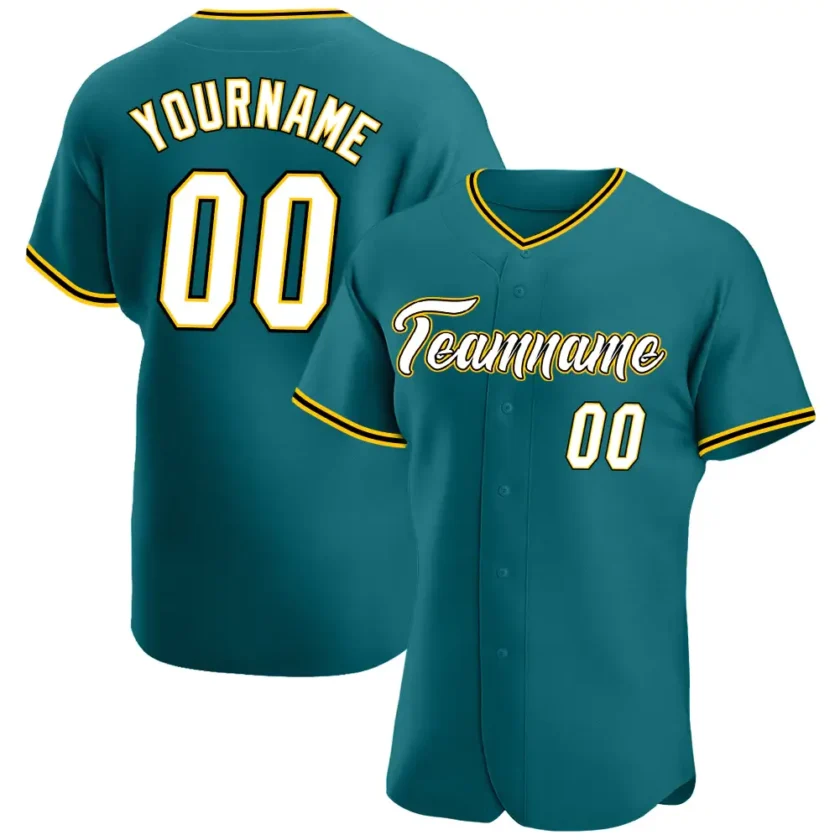 Custom Teal Baseball Jersey with White Gold