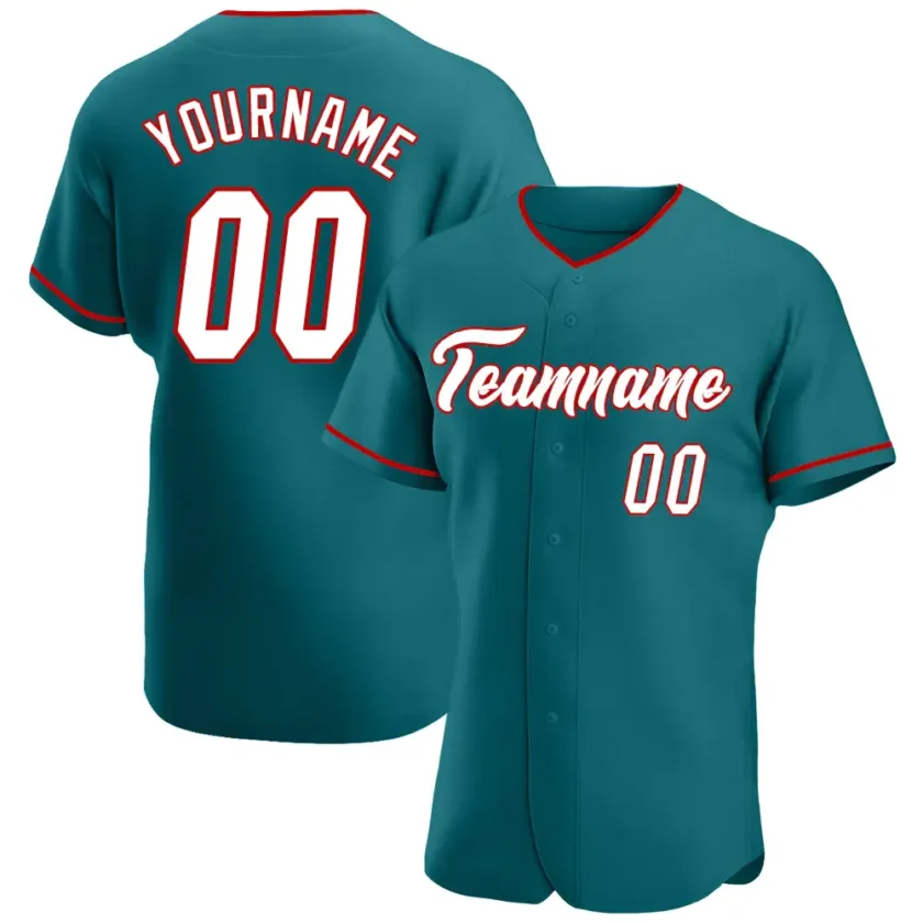 Custom Teal Baseball Jersey with White Red 3