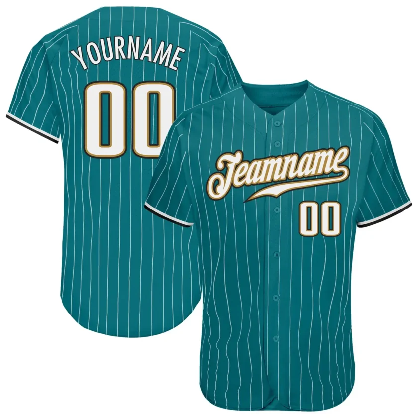 Custom Teal Pinstripe Baseball Jersey with White Old Gold