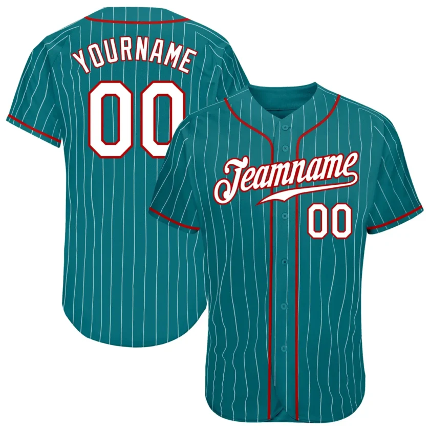 Custom Teal Pinstripe Baseball Jersey with White Red