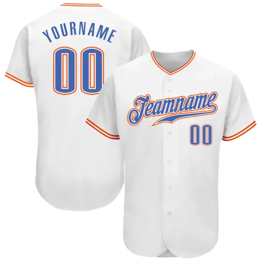 Custom White Baseball Jersey with Blue Orange