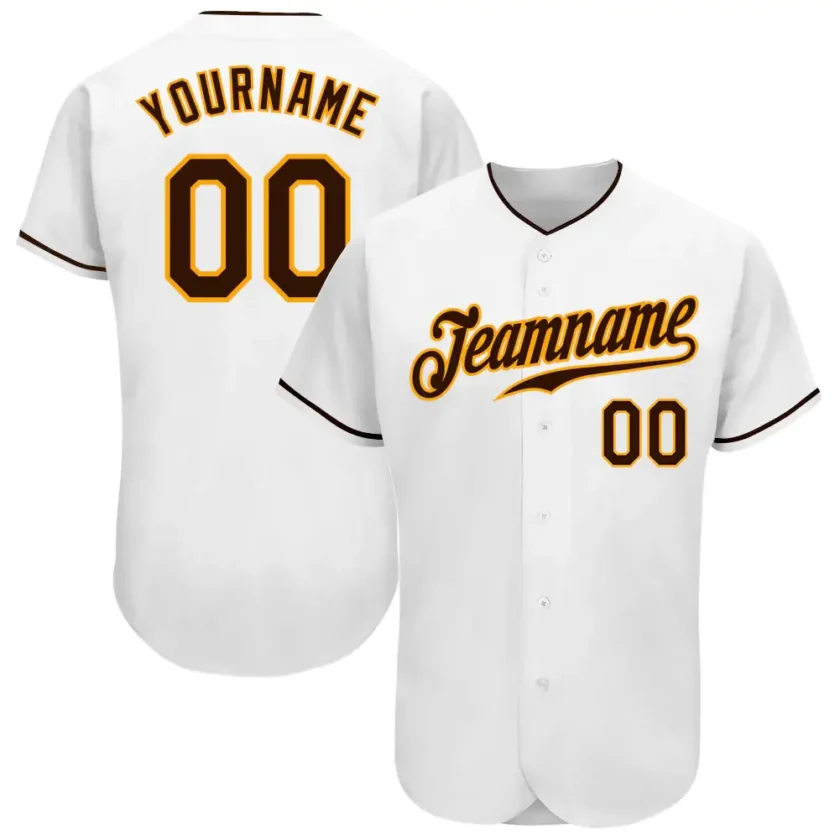 Custom White Baseball Jersey with Brown Gold