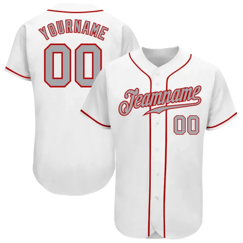 Custom White Baseball Jersey with Gray Red
