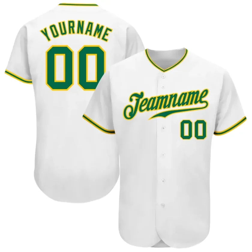 Custom White Baseball Jersey with Kelly Green Gold