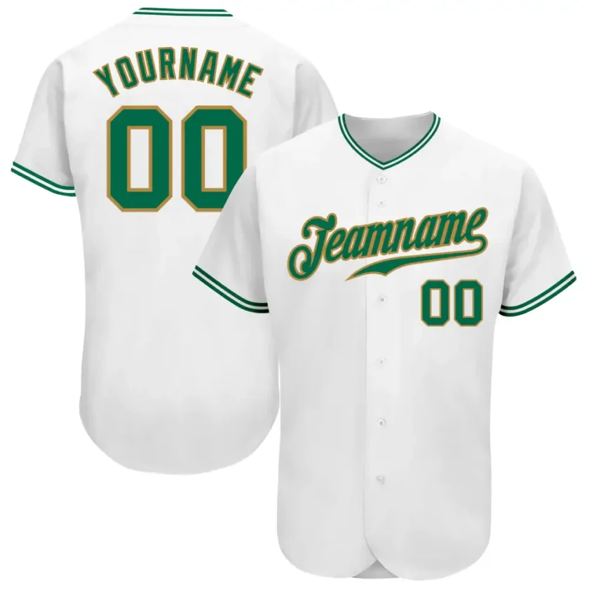 Custom White Baseball Jersey with Kelly Green Old Gold