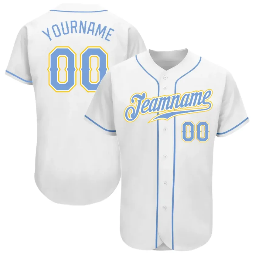 Custom White Baseball Jersey with Light Blue Gold