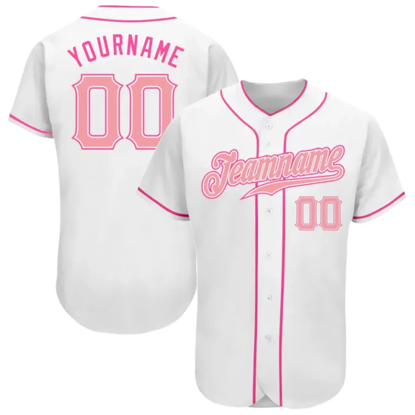 Custom White Baseball Jersey with Medium Pink Pink