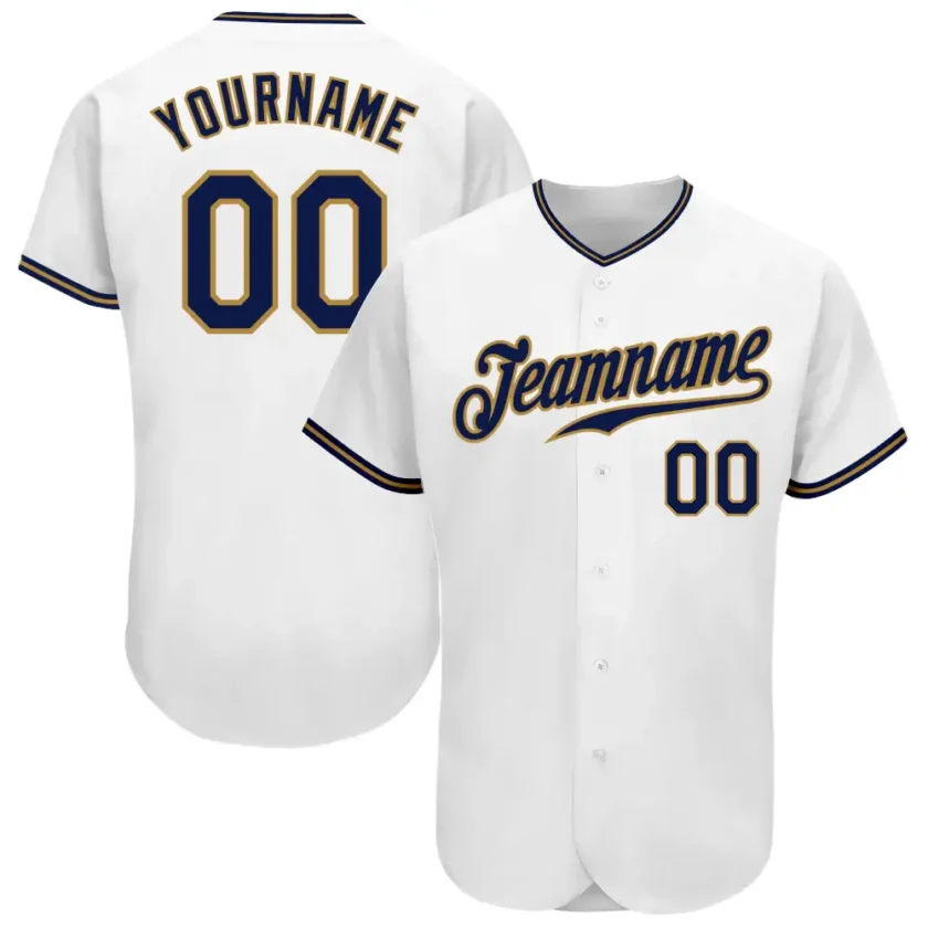 Custom White Baseball Jersey with Navy Old Gold