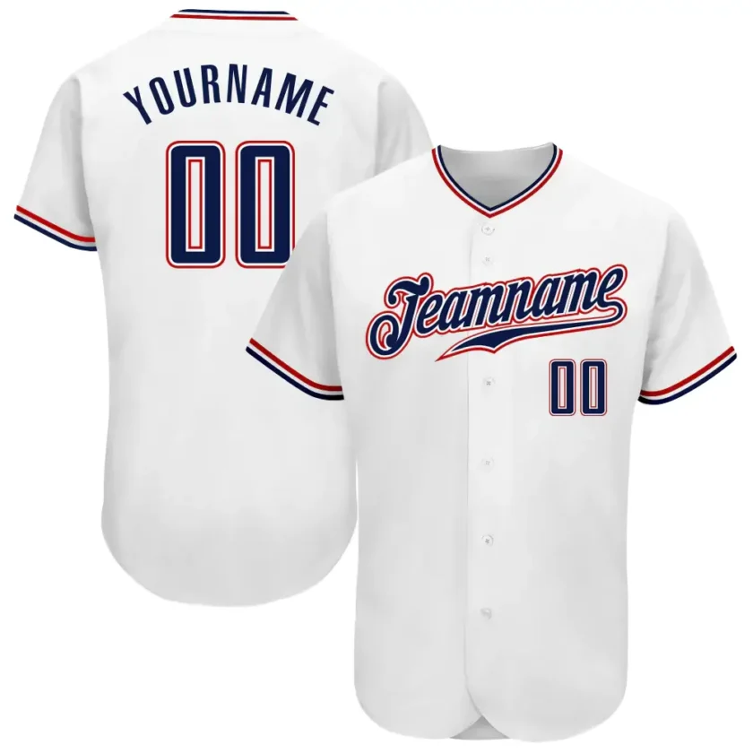 Custom White Baseball Jersey with Navy Red