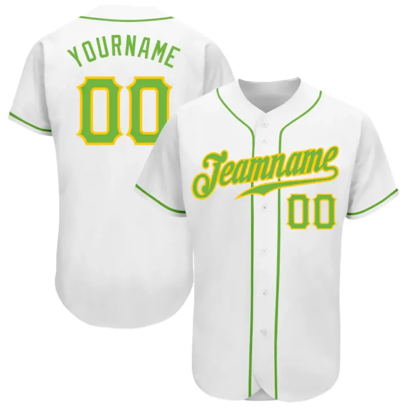 Custom White Baseball Jersey with Neon Green Gold