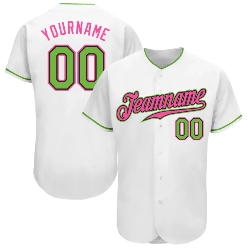 Custom White Baseball Jersey with Neon Green Pink