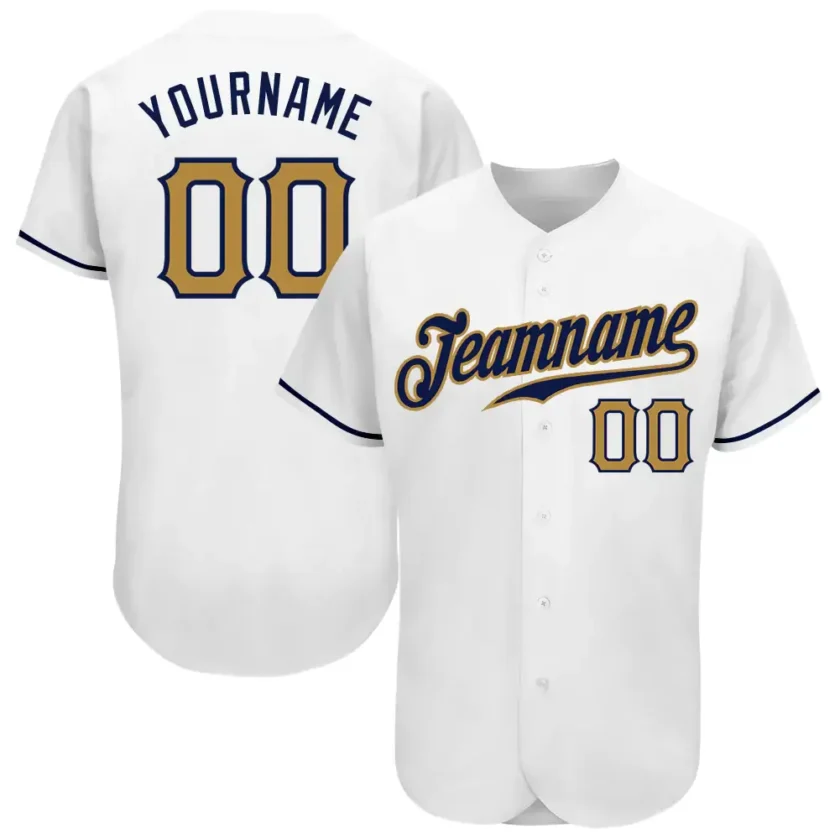 Custom White Baseball Jersey with Old Gold Navy