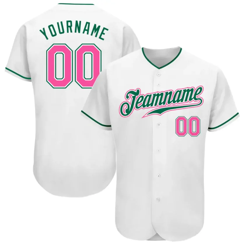 Custom White Baseball Jersey with Pink Kelly Green
