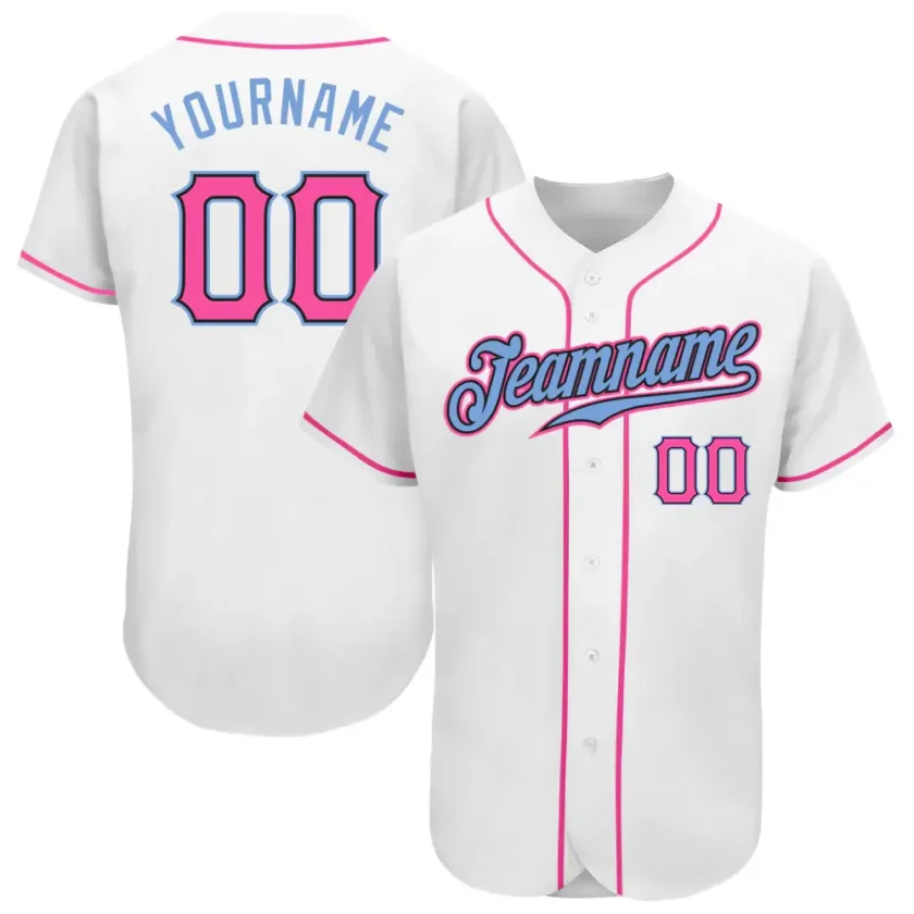 Custom White Baseball Jersey with Pink Light Blue
